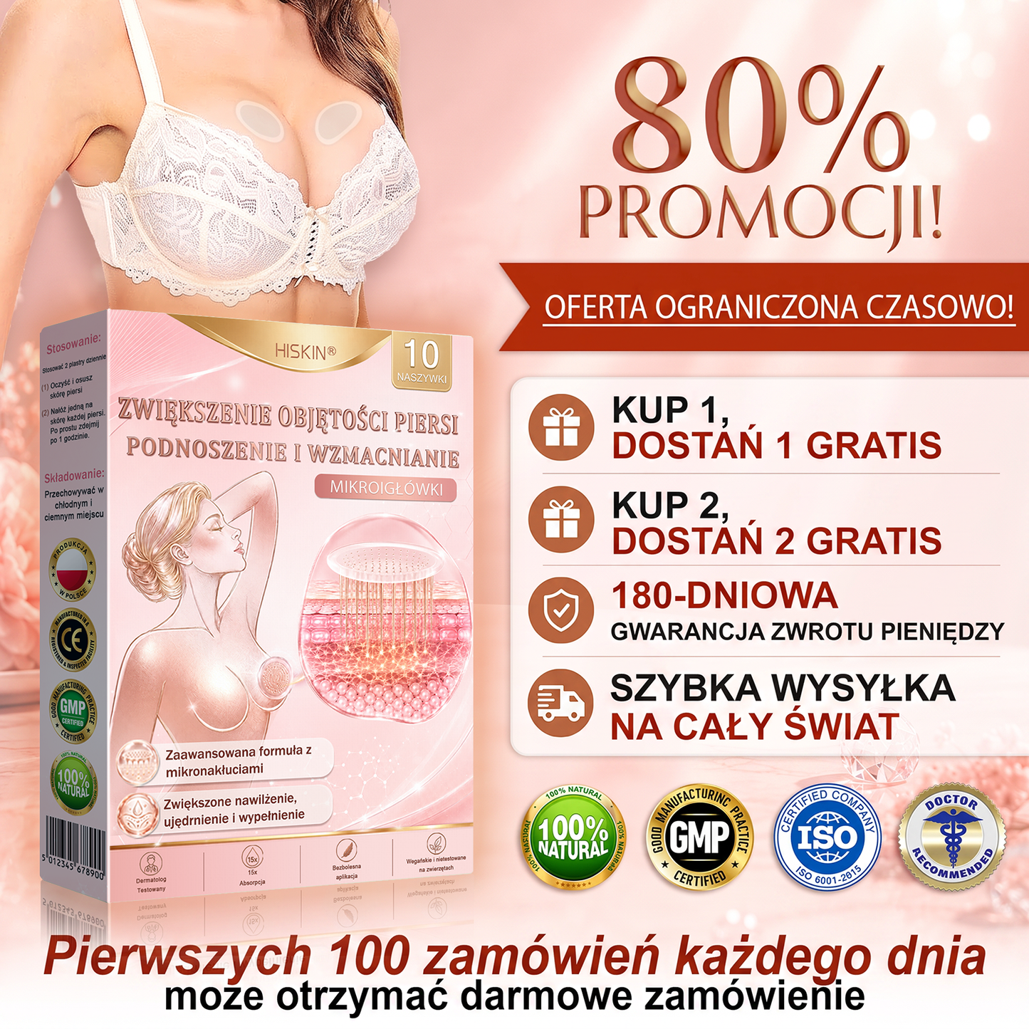🌟 HISKIN® Mikroigłowe plastry na piersi wspierające efekt pełniejszego wyglądu, liftingu i ujędrnienia