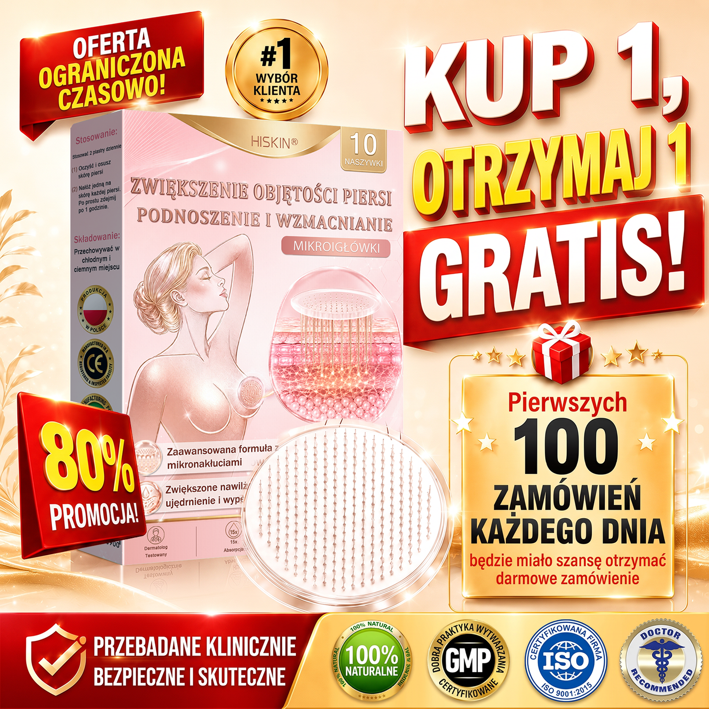 🌟 HISKIN® Mikroigłowe plastry na piersi wspierające efekt pełniejszego wyglądu, liftingu i ujędrnienia